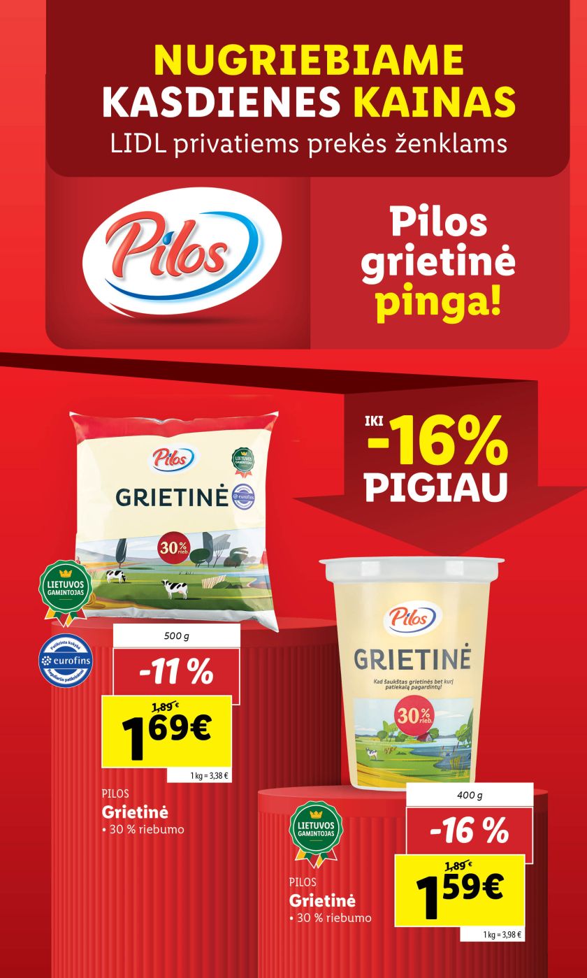 „Lidl“ pigina visą „Pilos“ grietinės asortimentą, kainos mažėjimas siekia 16 proc.